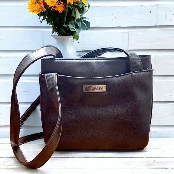 Vtg Rosetti Purse Handbag Shoulder bag Brown Faux Leather Triple Zip Inserts - Picture 10 of 10